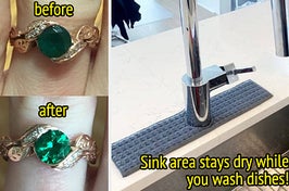 L: emerald ring before and after it's cleaned with a jewelry-cleaning pen R: gray rectangular drip catcher wrapped around a sink faucet