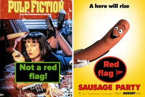pulp fiction poster captioned "not a red flag!" and sausage party poster captioned "Red flag"