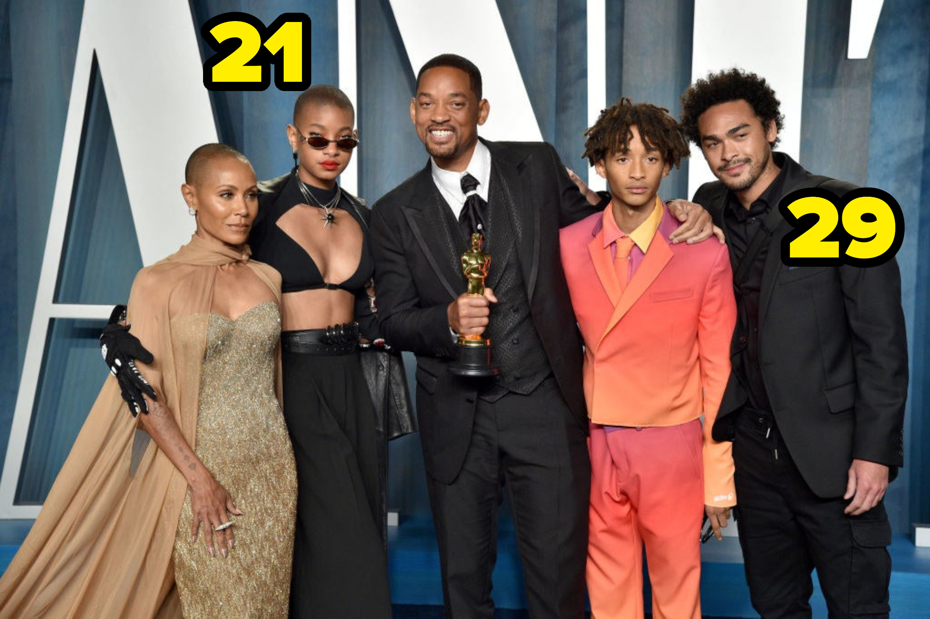 The whole Smith family — Will, Jada, Trey, Jaden, and Willow — all pose together after Will won an award