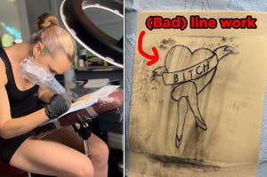 A girl tattooing, and a tattoo on fake skin