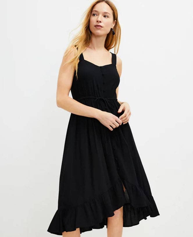 flowy black midi dress with spaghetti straps