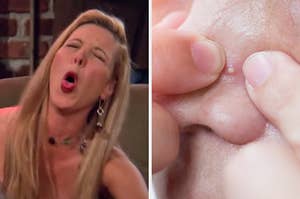 On the left, Phoebe from Friends coughing without covering her mouth, and on the right, someone using their fingers to pop a pimple on their nose