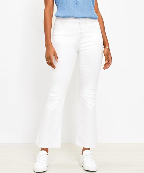 button down white flared ankle jeans