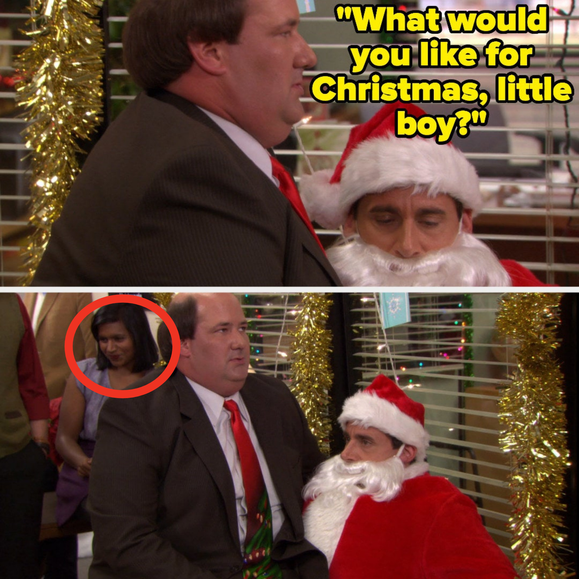 Mindy Kaling sitting behind Michael and Kevin and looking down while clearly holding in a laugh