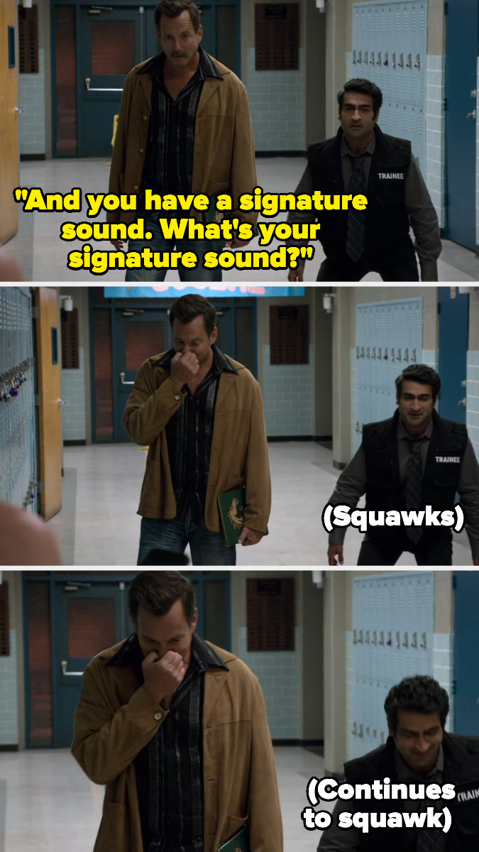 Will Arnett and Kumail Nanjiani in a three-panel scene. Arnett asks about a signature sound, squawking, and continues to squawk while Nanjiani looks amused