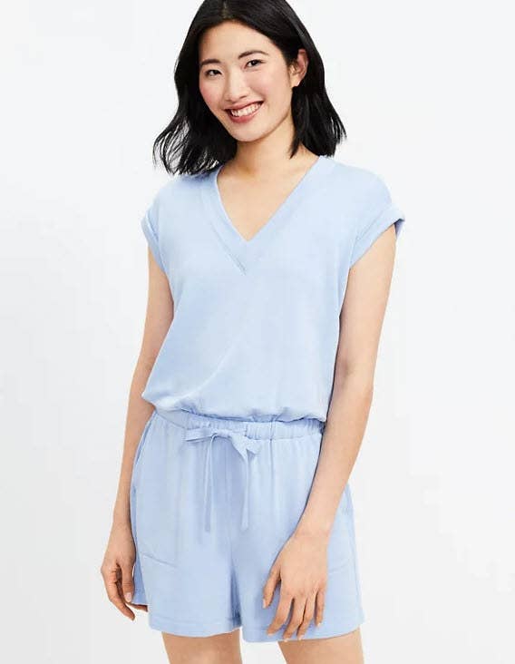 baby blue v neck romper with elastic waistband