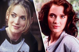 A close up of Winona Ryder in a baseball t-shirt and plain blazer