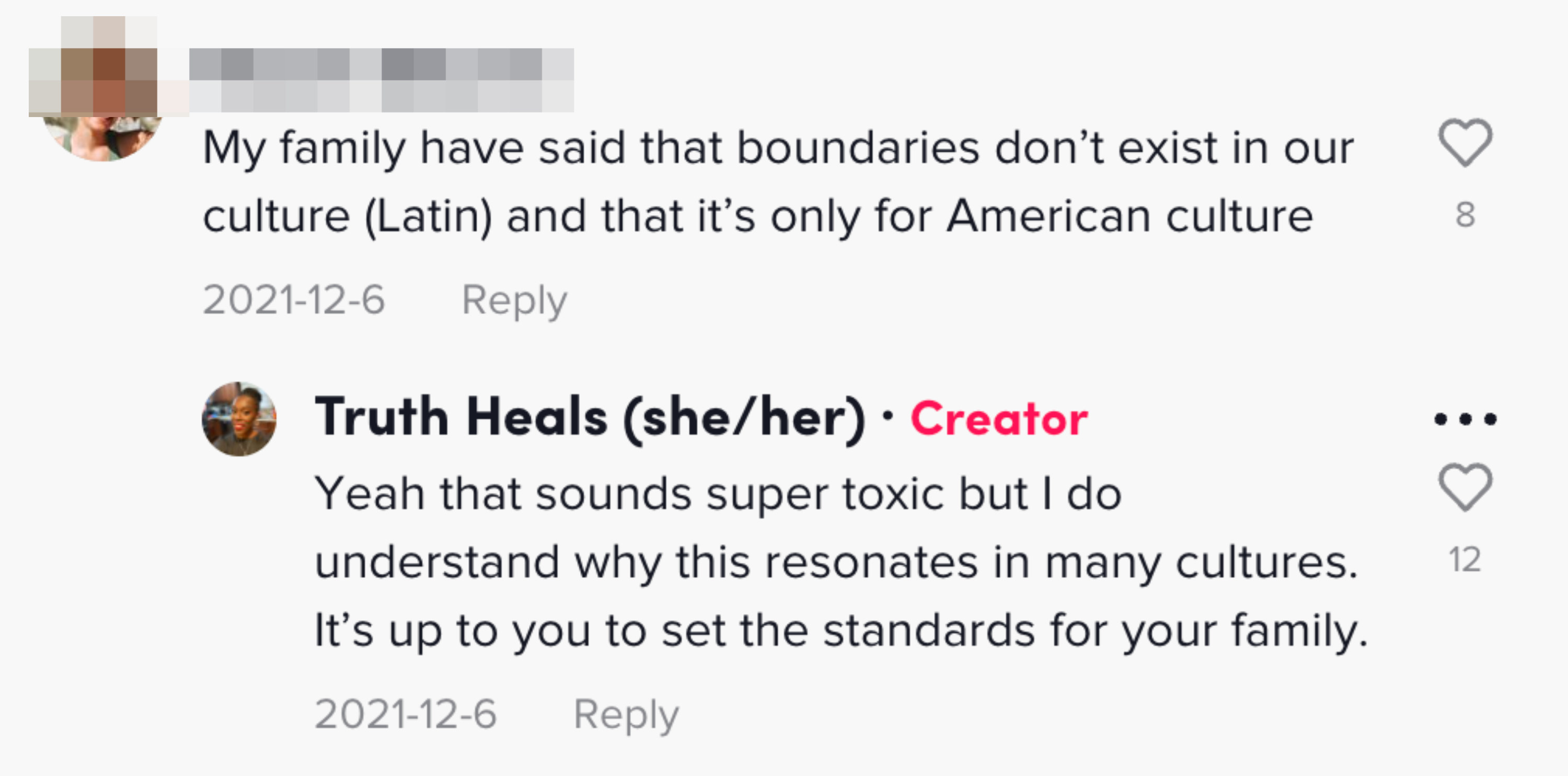 a comment that says, &quot;My family have said that boundaries don&#x27;t exist in our culture (Latin) and that it&#x27;s only for American culture&quot;