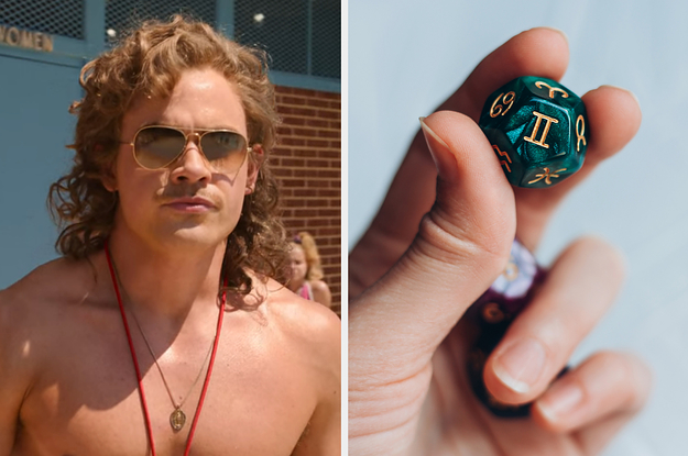 On the left, Billy from Stranger Things walking around the pool with his sunglasses and lifeguard whistle on, and on the right, someone holding a zodiac cube with a Gemini symbol facing up