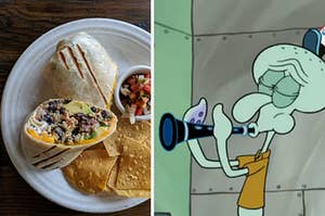 A burrito cut in half and Squidward Tentacles plays the clarinet 