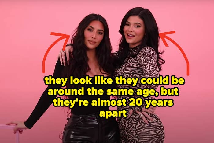 A photo of Kim Kardashian and Kylie Jenner that says &quot;they look like they could be around the same age, but they&#x27;re almost 20 years apart&quot;