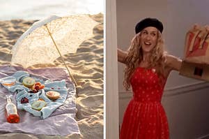 在左侧，在阳伞旁边的海滩上的毯子上野餐和果汁野餐，在右边，来自性爱的嘉莉和城市拿着两个麦当劳的袋子