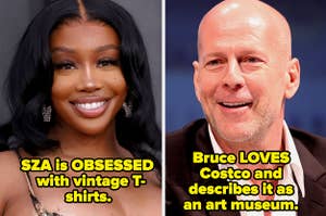 A picture of singer SZA smiling (L) and on the right a picture of Bruce Willis smiling to the left