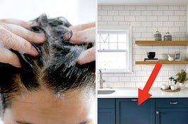 A woman shampooing their hair; a kitchen cabinet