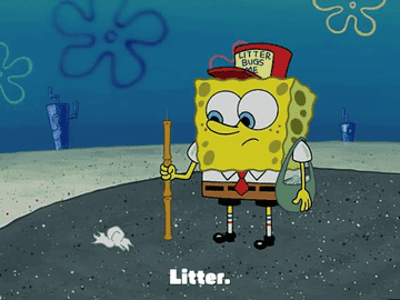 SpongeBob saying, &quot;Litter,&quot; and picking up track with a stick