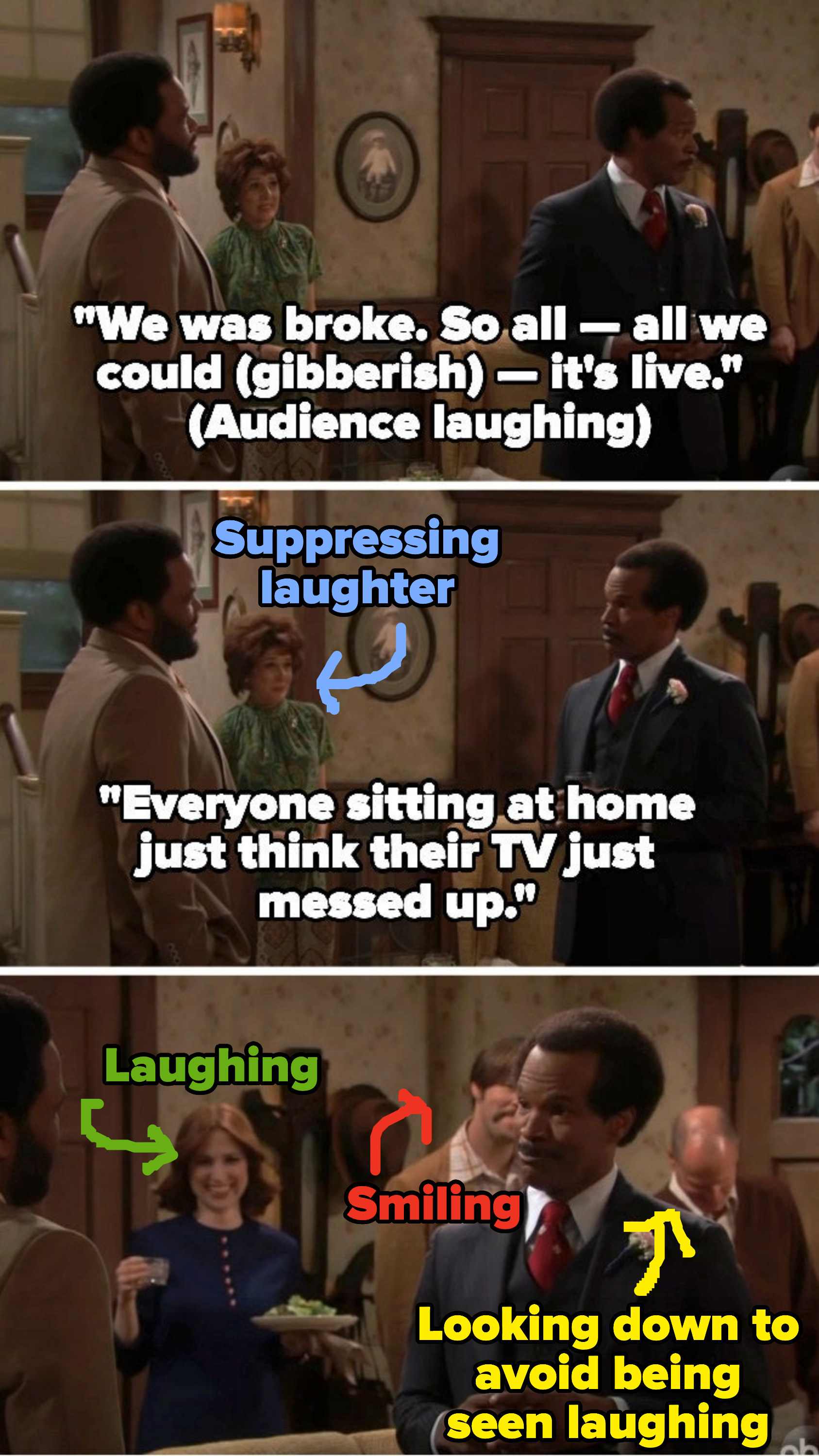 Jamie speaking gibberish and saying people at home are going to think their TV messed up, and several actors in the background start laughing