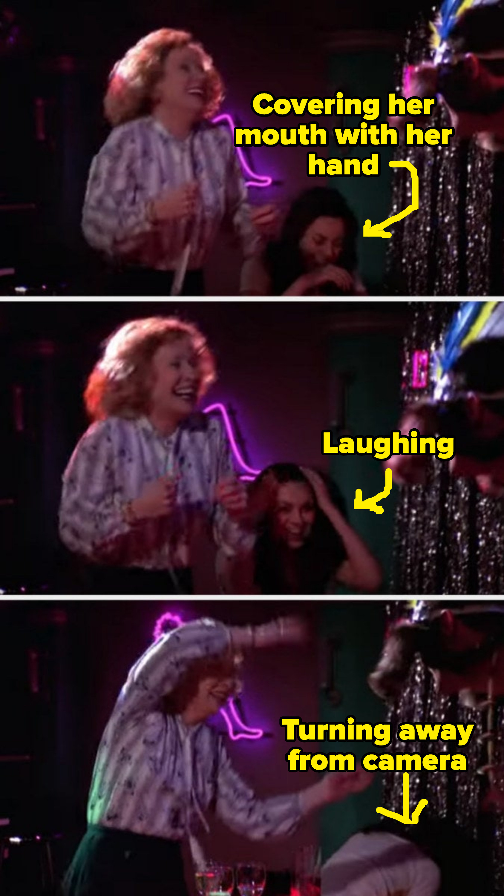 Three different shots where Mila Kunis starts laughing, then covers her mouth with her hand, then turns away from the camera