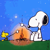 Snoopy and Woodstock roasting marshmallows on a campfire