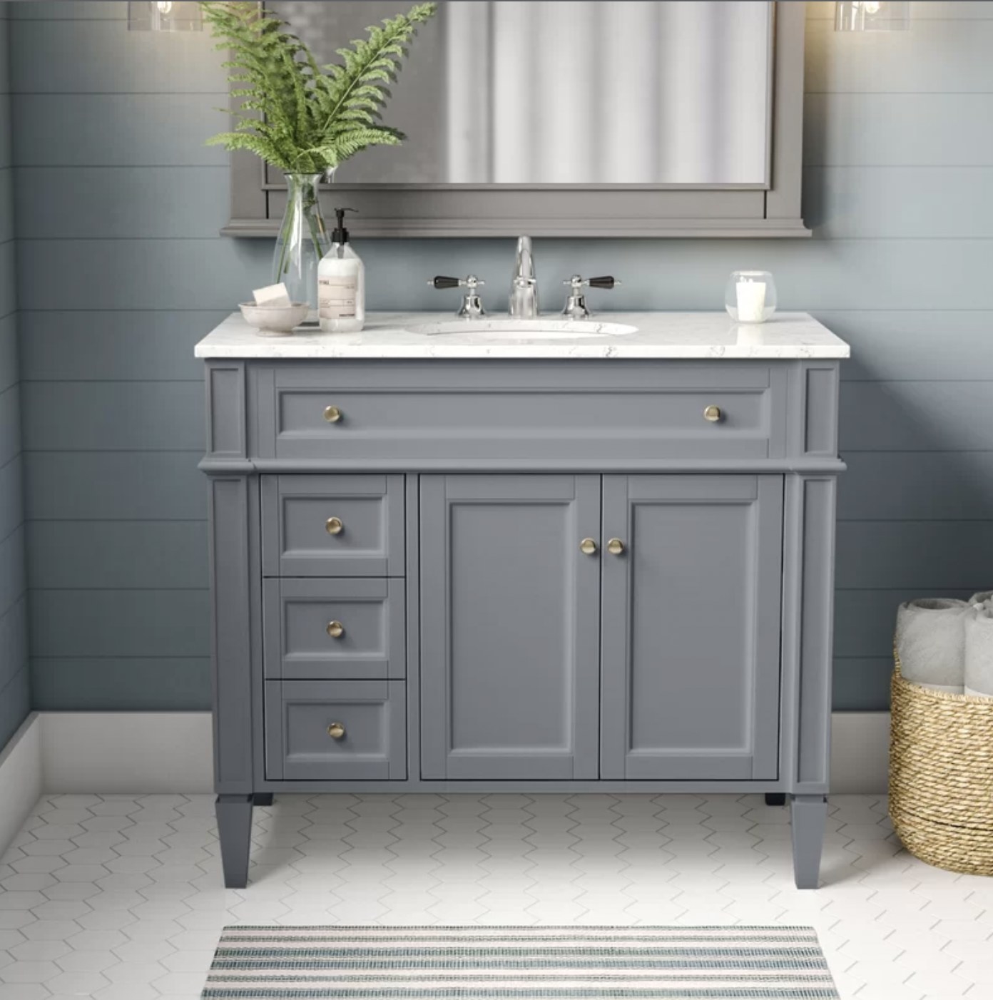 The grey vanity in bathroom