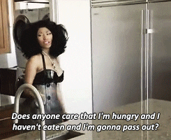 Nicki Minaj saying &quot;Does anyone care that I&#x27;m hungry and I haven&#x27;t eaten and I&#x27;m gonna pass out?&quot;
