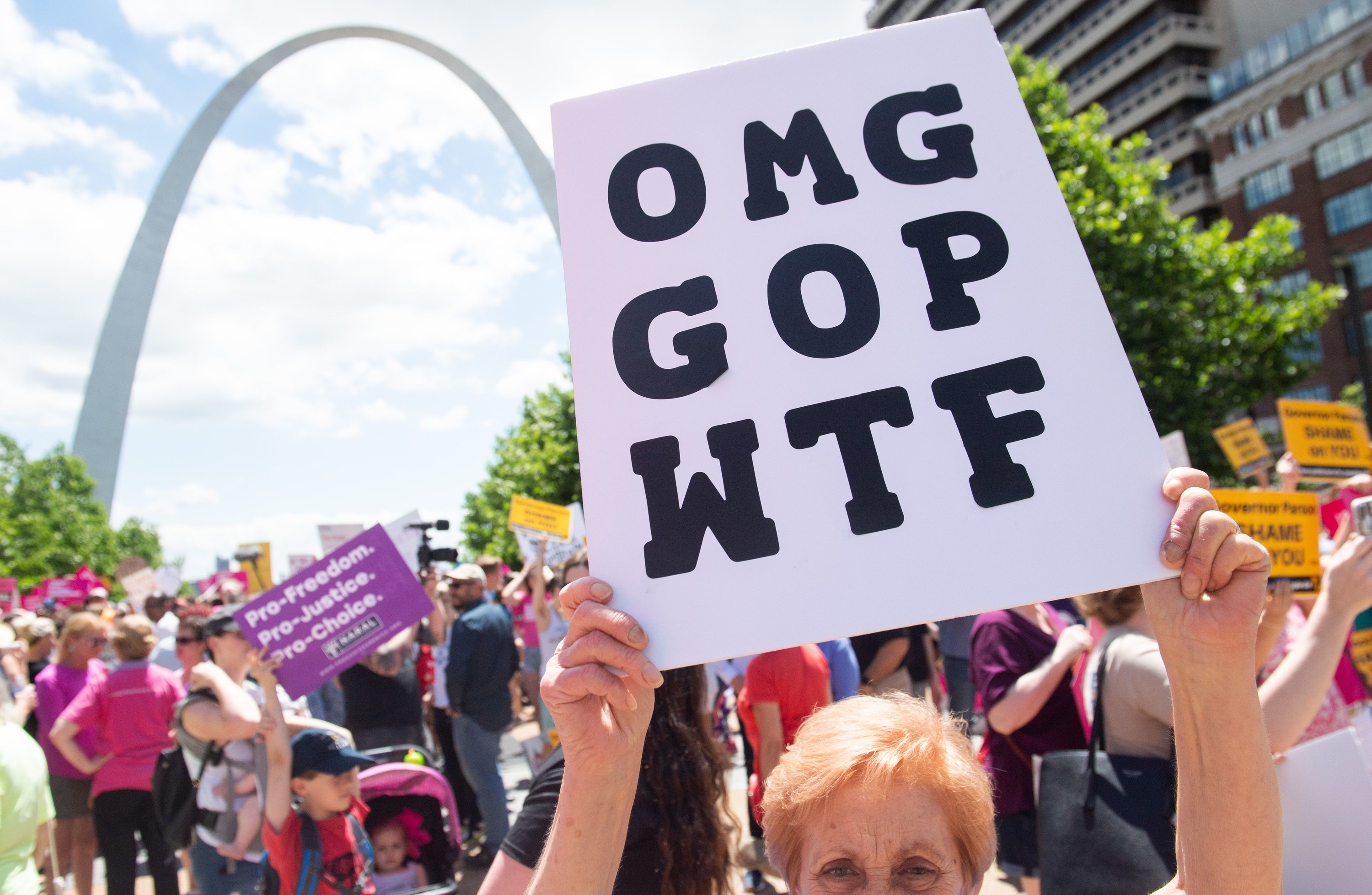 A protester standing near the Gateway Arch in St. Louis holds a sign reading &quot;OMG GOP WTF&quot;