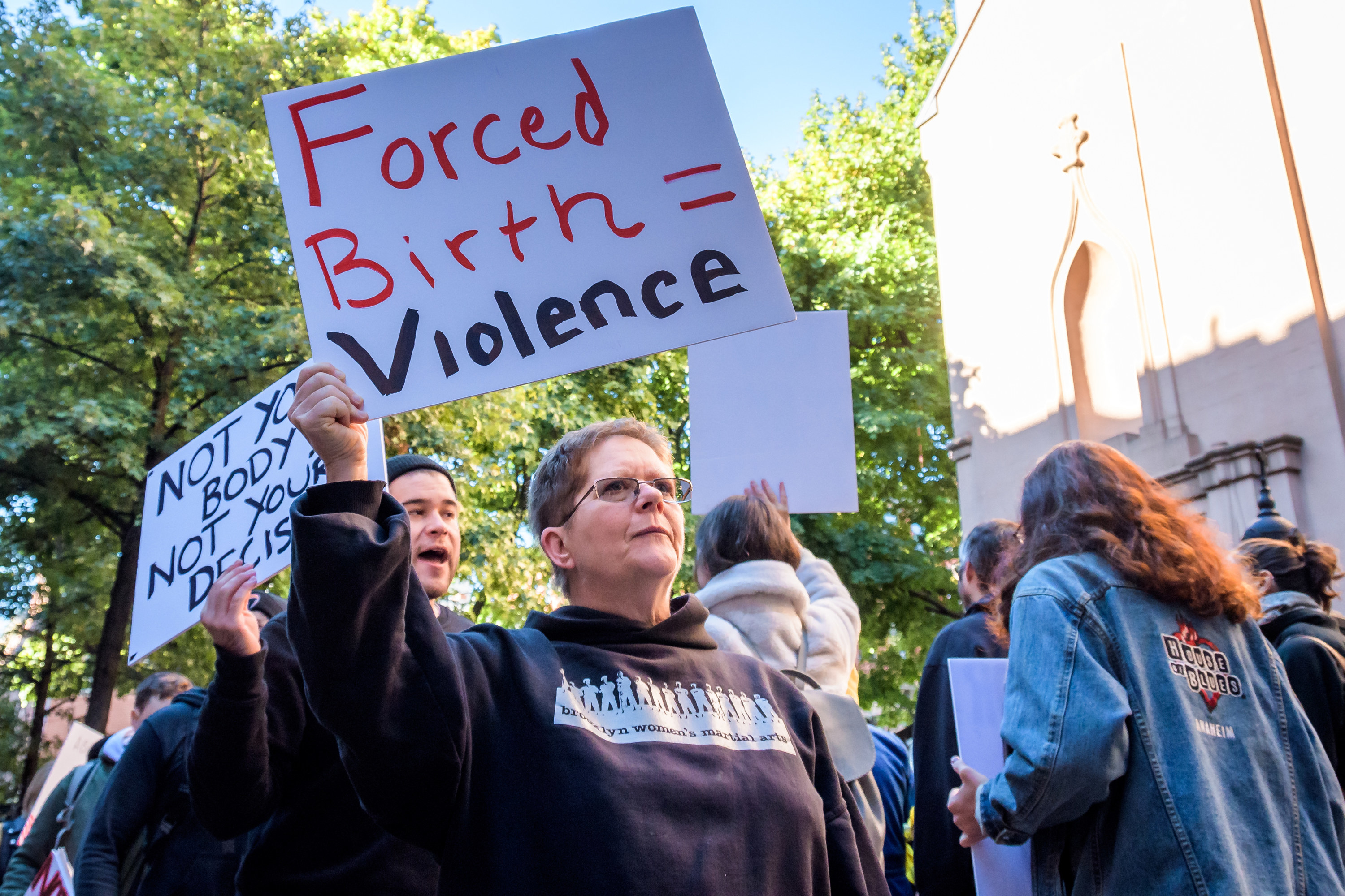 A demonstrator holds a sign reading &quot;forced birth equals violence&quot;