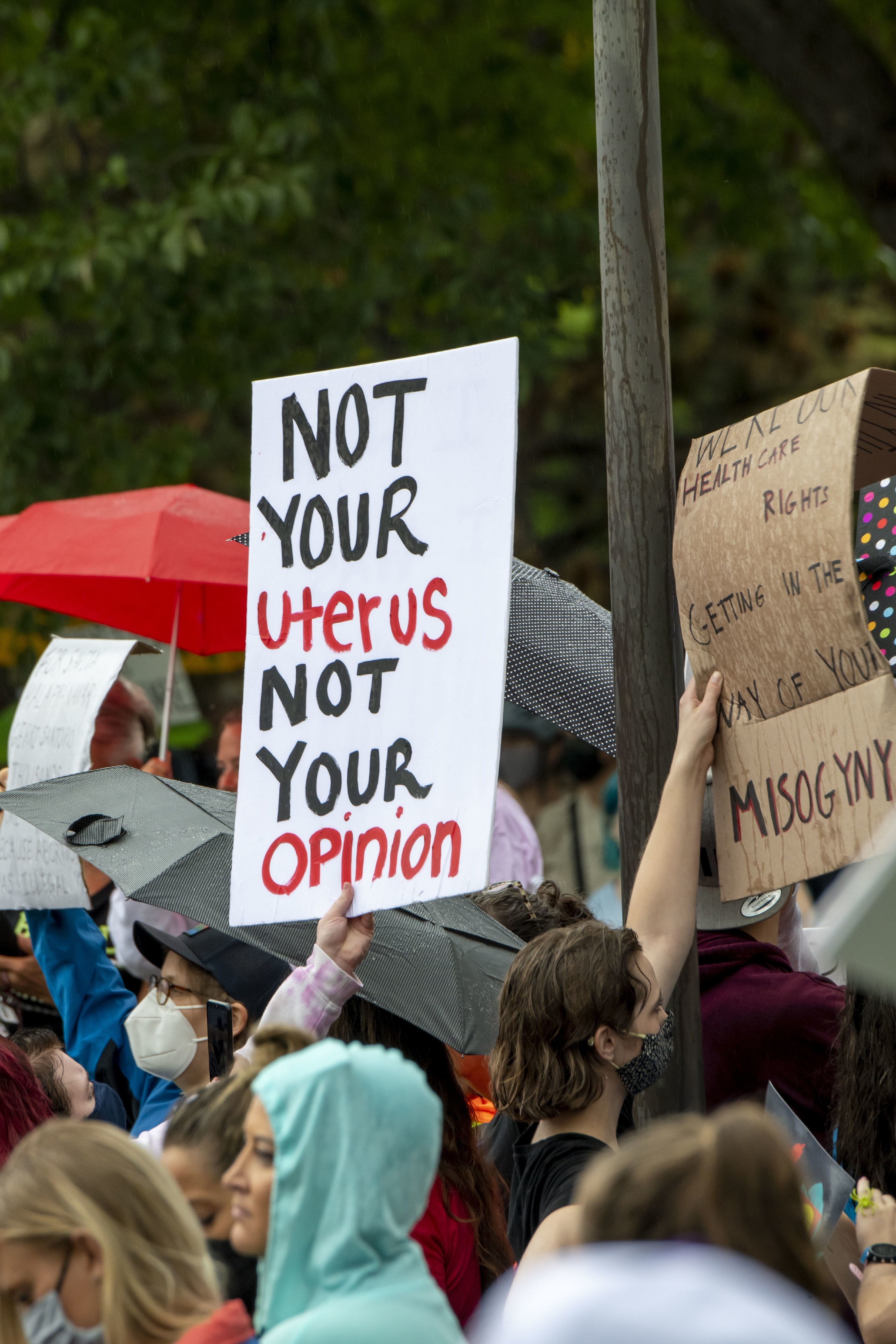 A protester in a crowd holds up a sign reading &quot;not your uterus, not your opinion&quot;