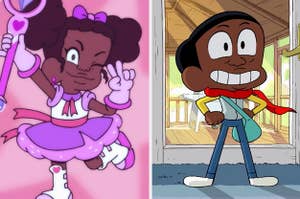 on left an animated girl w/an afro pulled into two high buns, bow atop her head and holds a stick with a circle at the top, holds up peace sign. on the right is craig, an animated young boy smiling with wide eyes, brows raised teeth showing. wears a cape