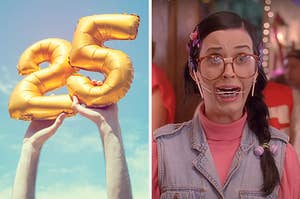 On the left, someone holding up a 2 balloon and a 5 balloon, and on the right, Katy Perry smiling awkwardly while wearing headgear and glasses that are taped in the middle in the Last Friday Night music video