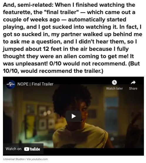 A screenshot from a BuzzFeed post about how the trailer for Nope was so scary, it almost killed the author
