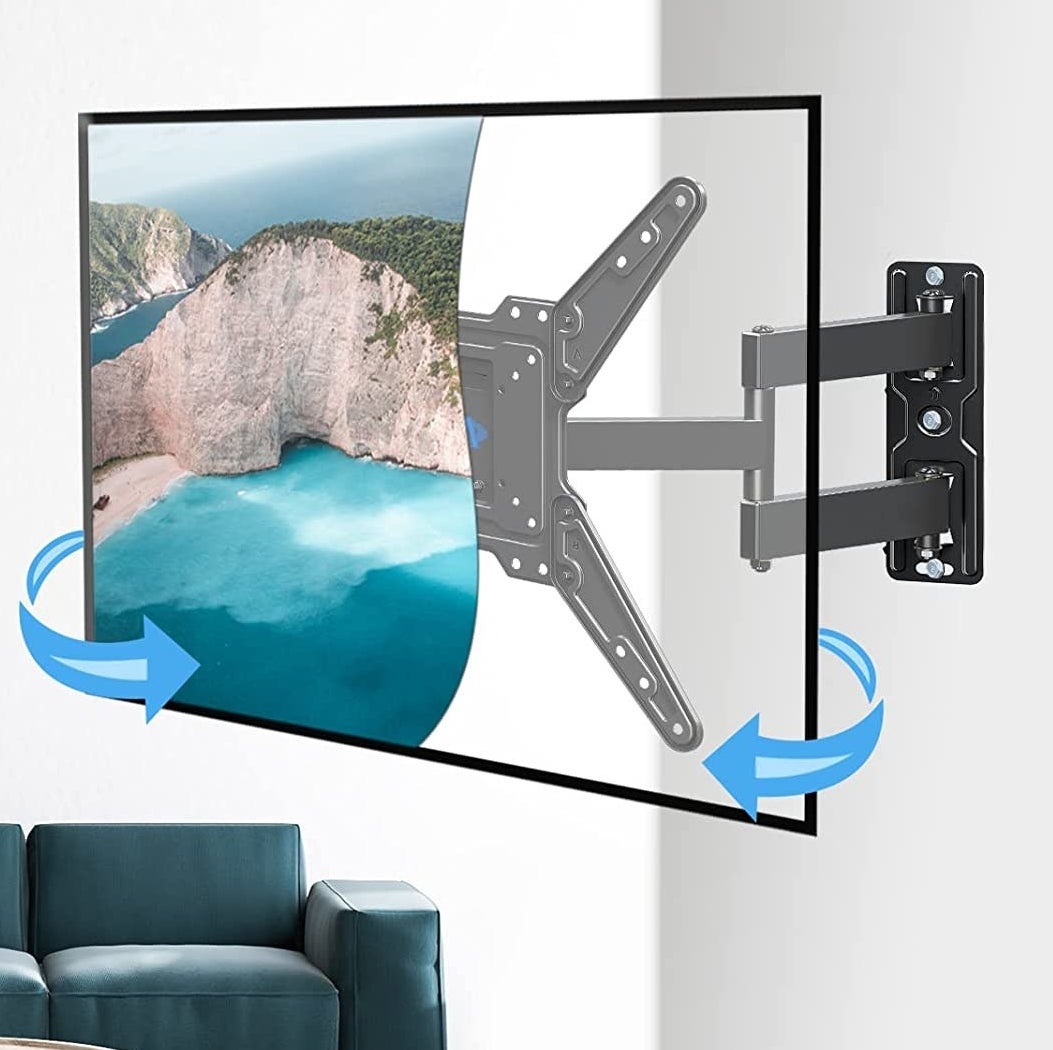 A TV on the mount with arrows showing how it can swivel