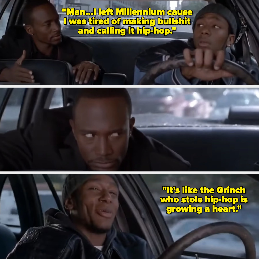 A picture of Taye Diggs as Andre Romulus &#x27;Dre&#x27; Ellis at the back of a cab saying, &quot;Man...I left Millennium cause I was tired of making bullshit and calling it hip-hop