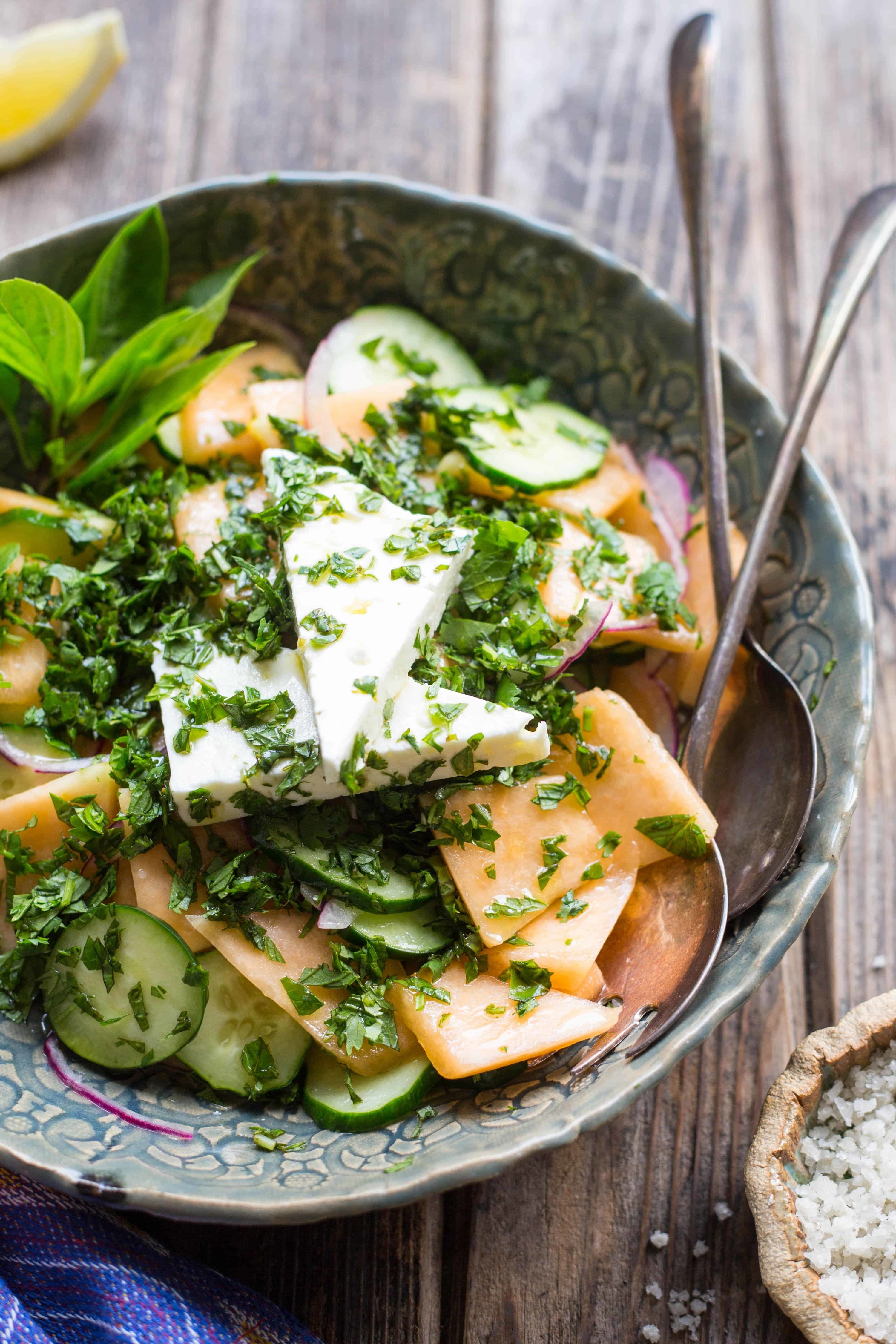Cucumber and melon salad with feta and mint.