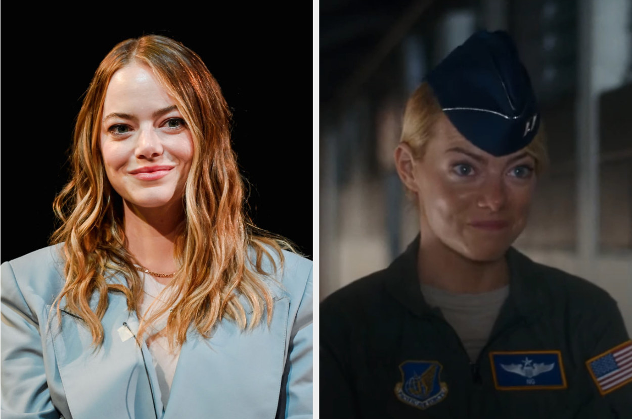 side by side of Emma and her role in character