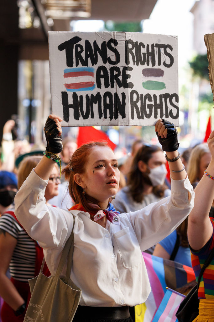 A protester at a rally holds a sign saying, &#x27;Trans Rights are Human Rights&#x27;