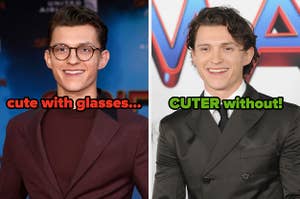 On the left, Tom Holland wearing glasses labeled cute with glasses, and on the right, Tom Holland without glasses labeled cuter without