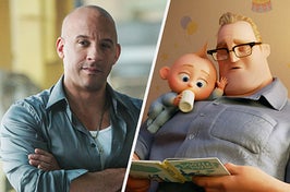 Dominic Toretto wears a button up shirt and Mr. Incredible reads to his son