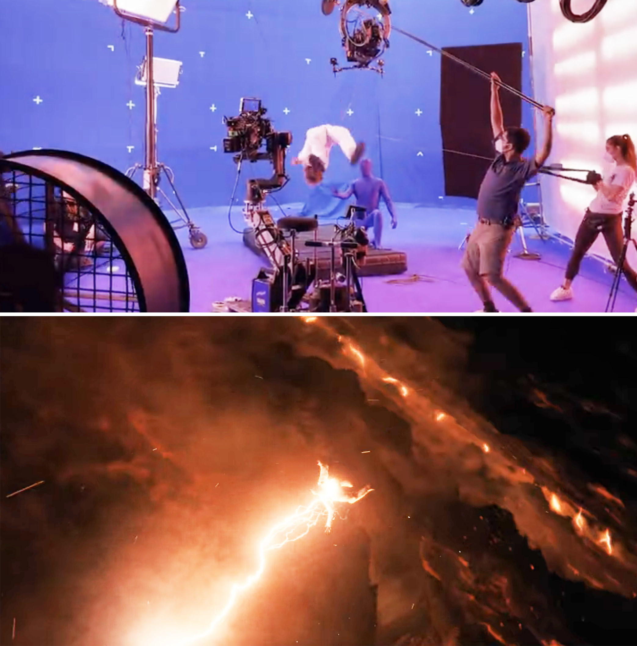 Jamie falling through the air behind the scenes vs One falling through the Upside Down