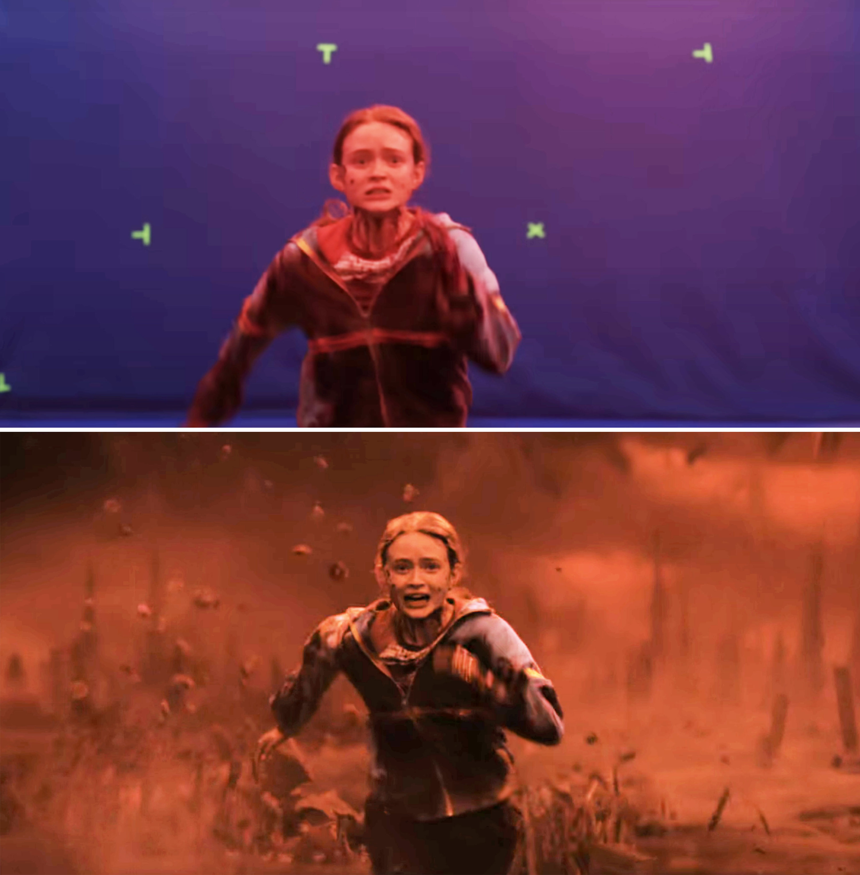 Sadie running on a blue screen soundstage vs Max running in the Upside Down