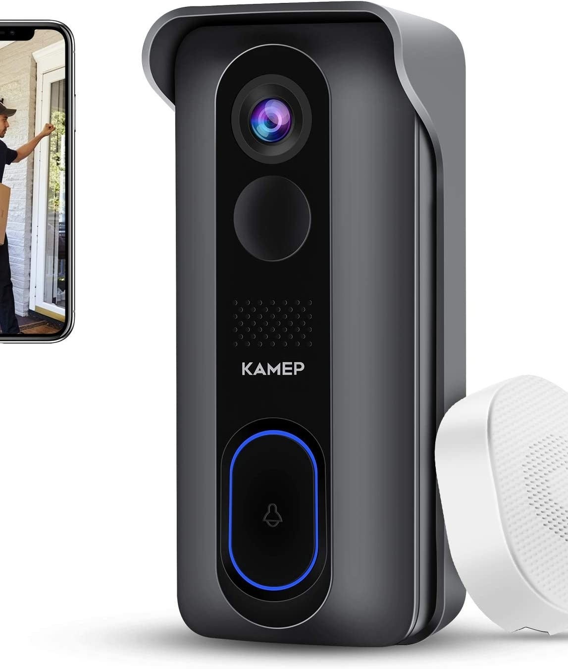 the doorbell camera next to a phone on a white background