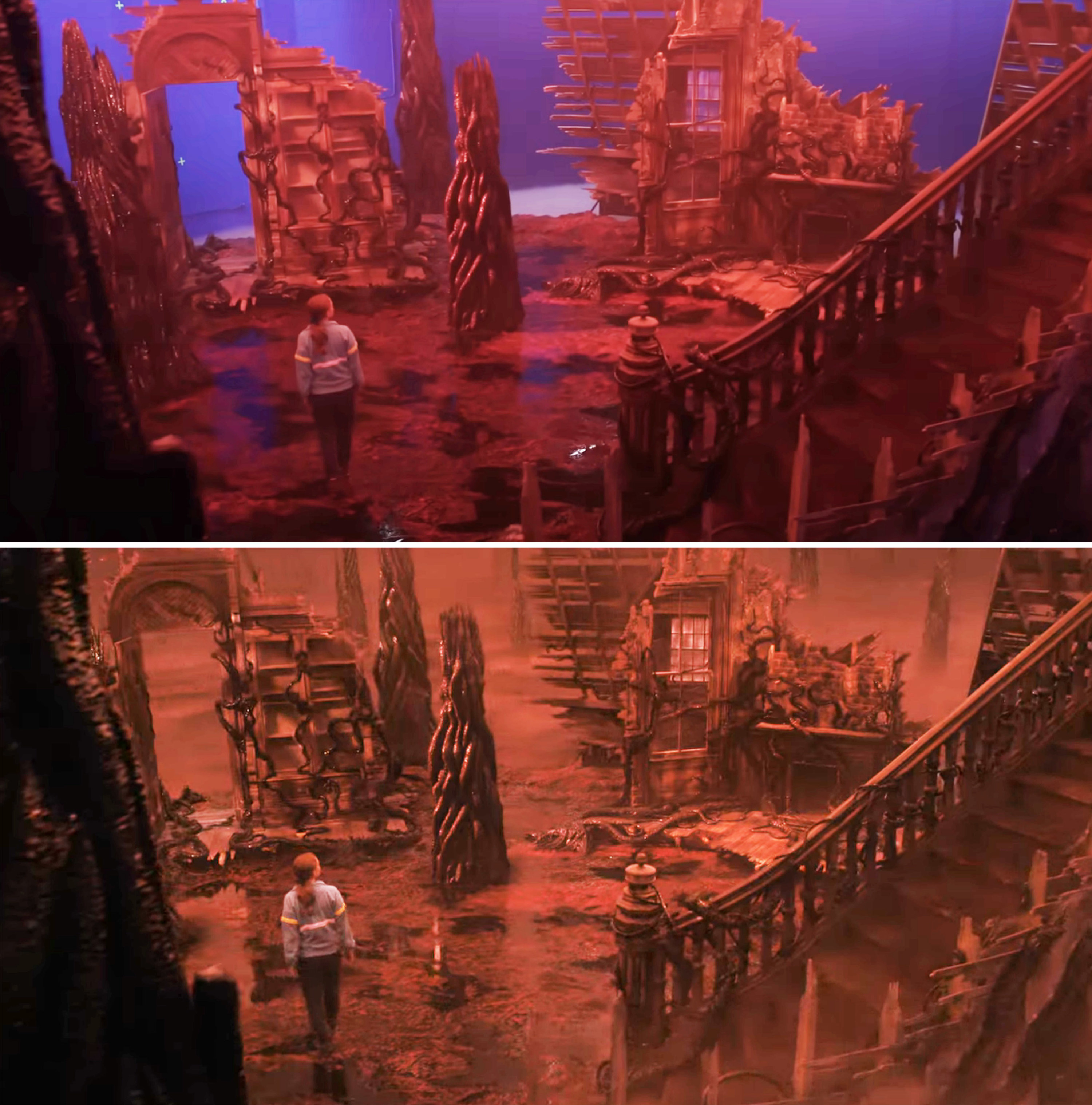 Max walking through the Upside Down creel house behind the scenes vs in the show