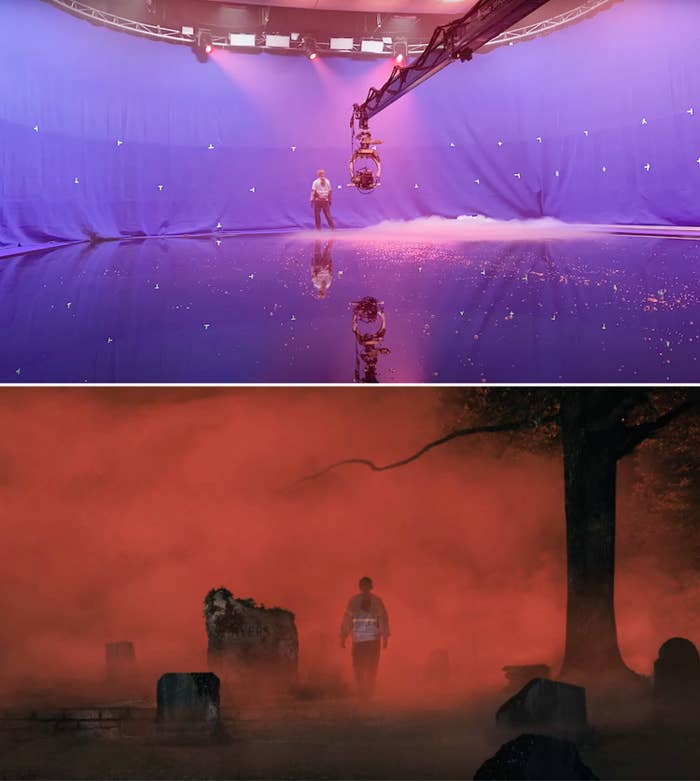 A side by side of Sadie on a blue screen set vs in the show
