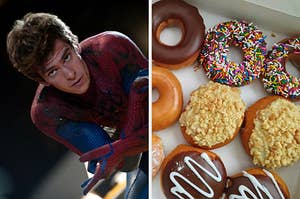 On the left, Andrew Garfield shooting webs as Spider-Man, and on the right, a variety box of donuts
