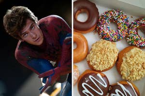 On the left, Andrew Garfield shooting webs as Spider-Man, and on the right, a variety box of donuts