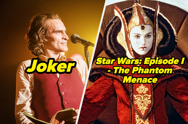 Arthur Fleck stands on stage with a notebook and a close up of Padmé Amidala on her throne