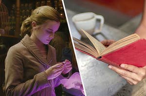 Hermione Granger looks down at a vial of love potion and a hand holds open a book