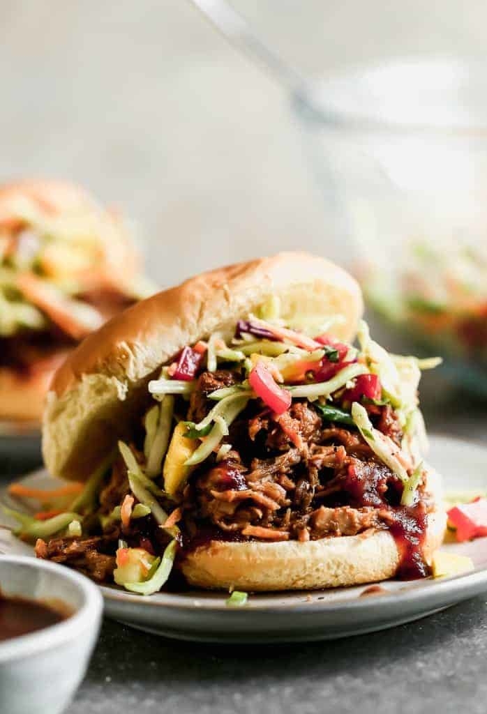 A pulled pork burger with slaw.