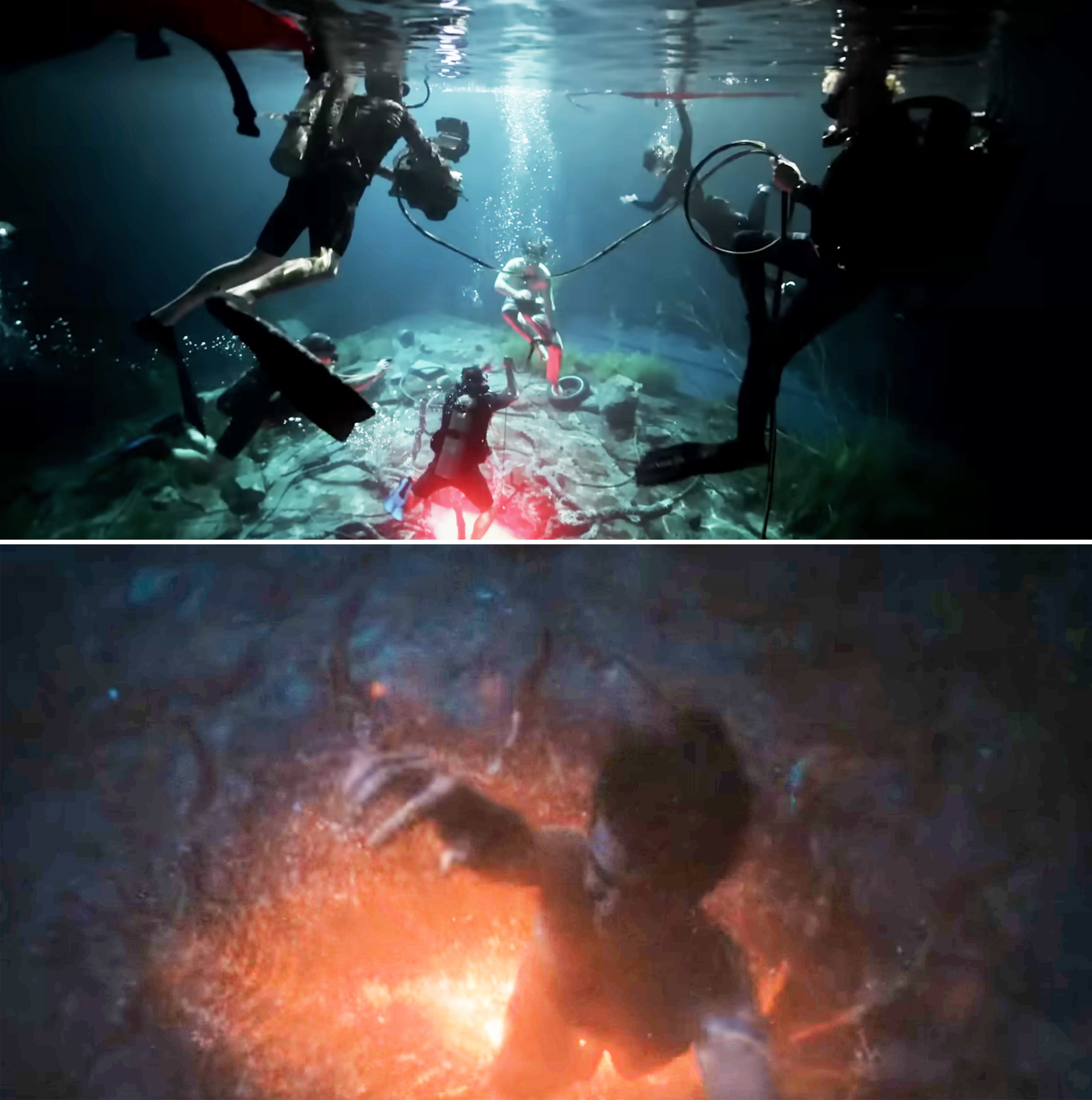 Joe sitting underwater vs Steve being dragged into the Upside Down