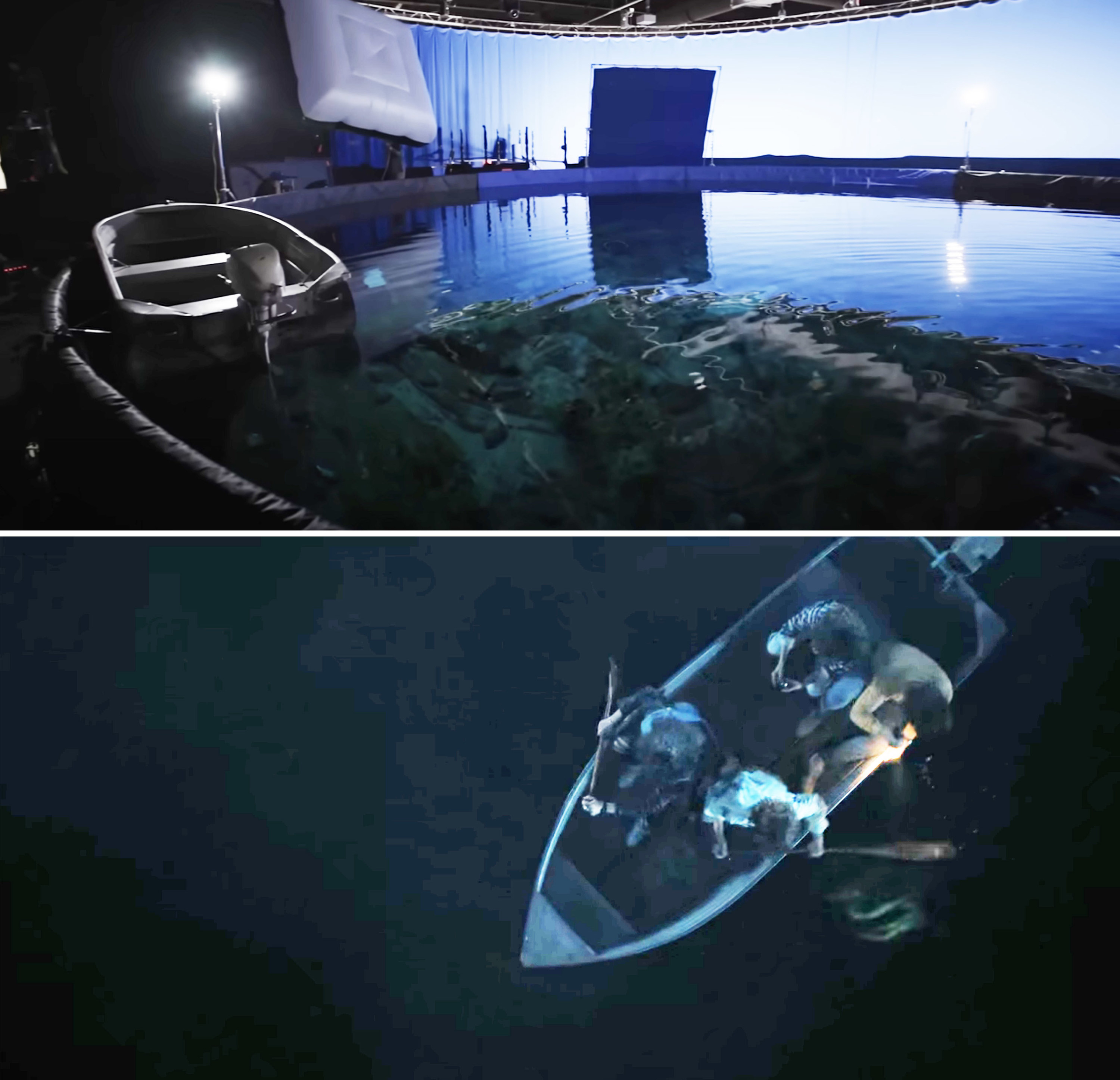 A huge pool in front of a blue screen on a soundstage with a boat