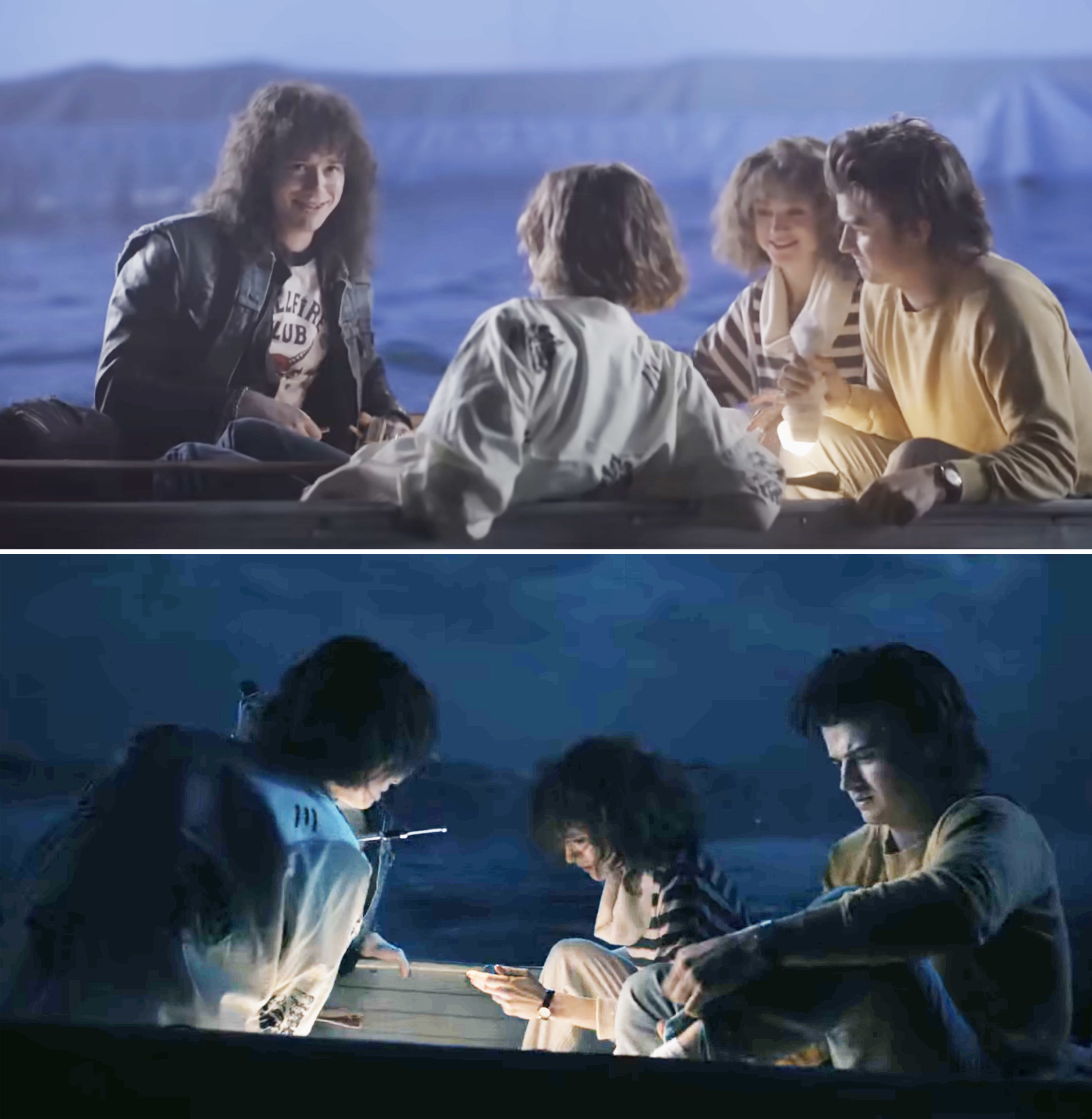 Joseph Quinn, Maya Hawke, Natalia Dyer, and Joe Keery shooting a moment in the boat in &quot;Stranger Things&quot;